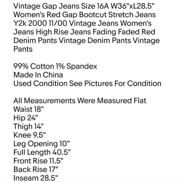 Vintage Gap Jeans Size 16A W36"xL28.5" Women's Red Gap Bootcut Stretch Jeans Y2k - Picture 2 of 7